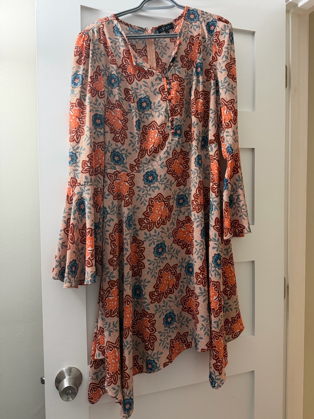 1. State Peach Floral Long-Sleeve A-Line Dress with Orange and Teal Accents